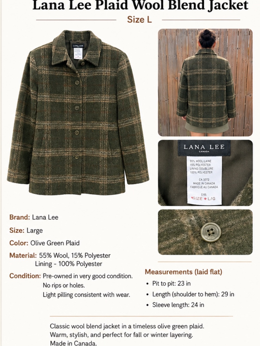 Lana Lee Olive Green Plaid Wool-Blend Jacket